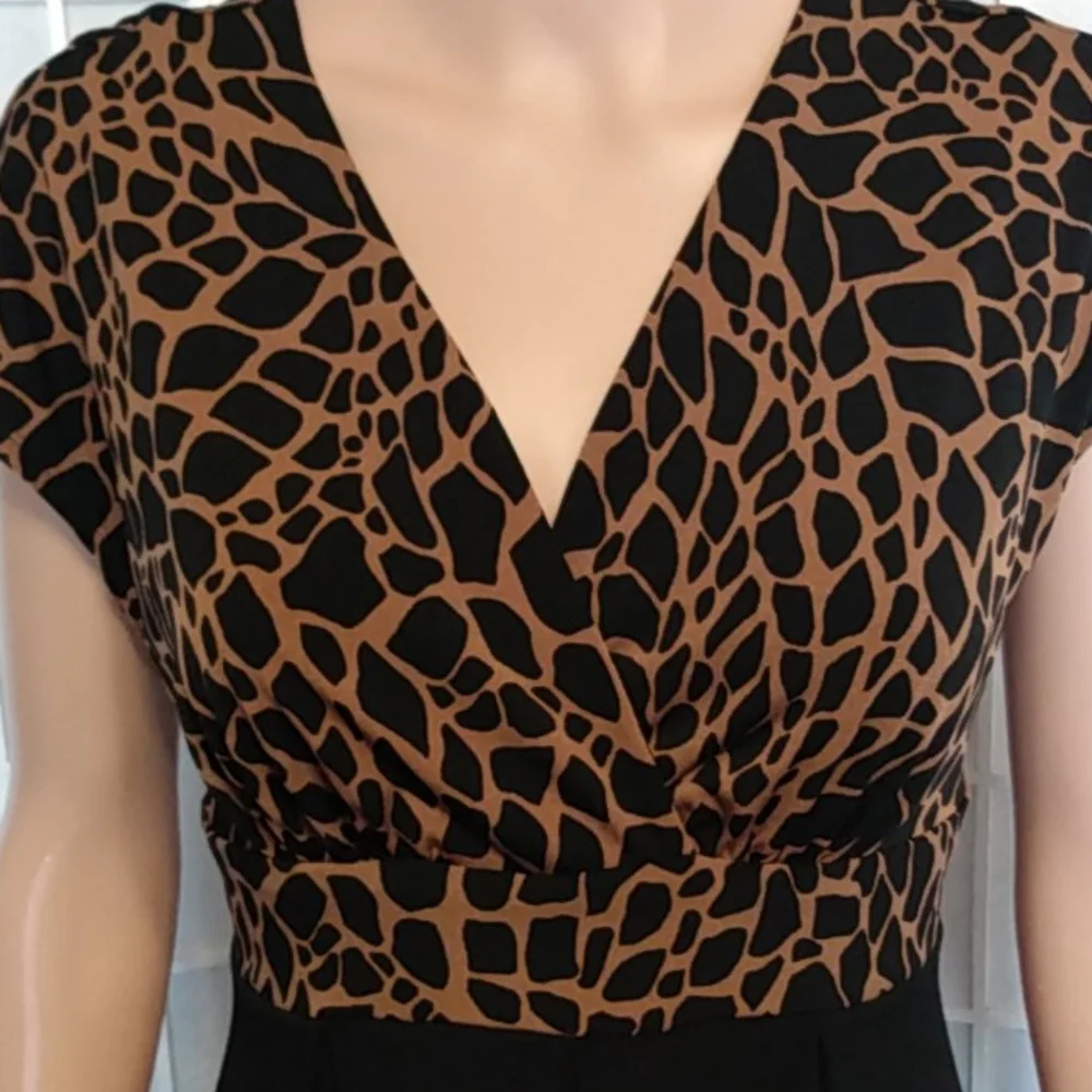 Enfocus Studio Midi Dress –‎ Black/Brown Animal Print – V-Neck – 8